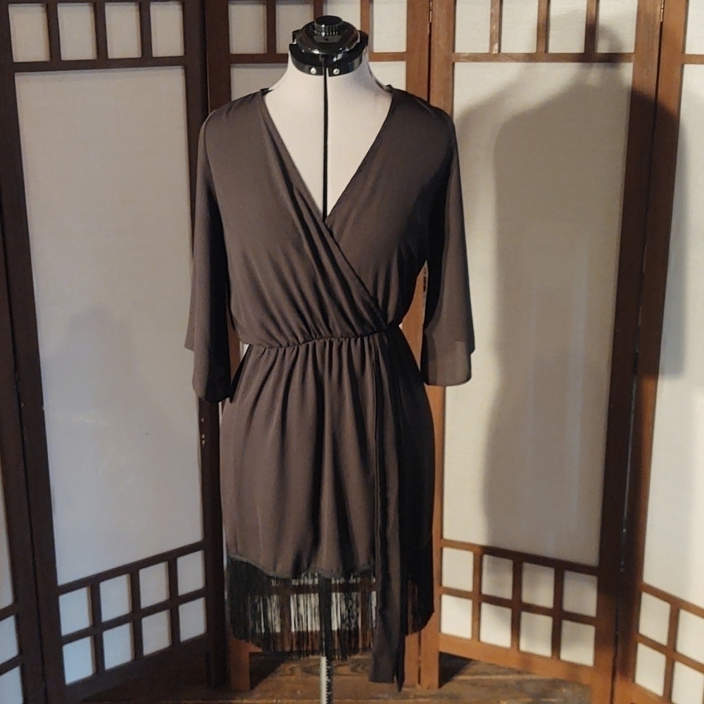 Vintage True Light Sheer V-Neck A-line Black Cover-Up Dress with Fringe Sz S